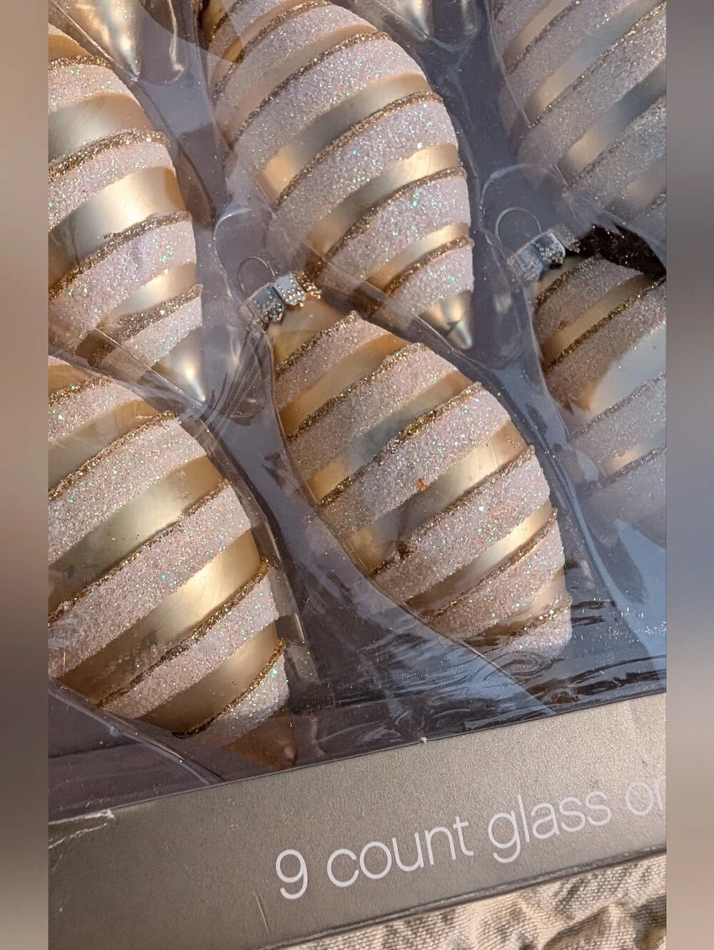 Vintage Box 9 Pc CHRISTMAS ORNAMENTS Satin GLITTER STRIPE Cream & Gold Teardrop
